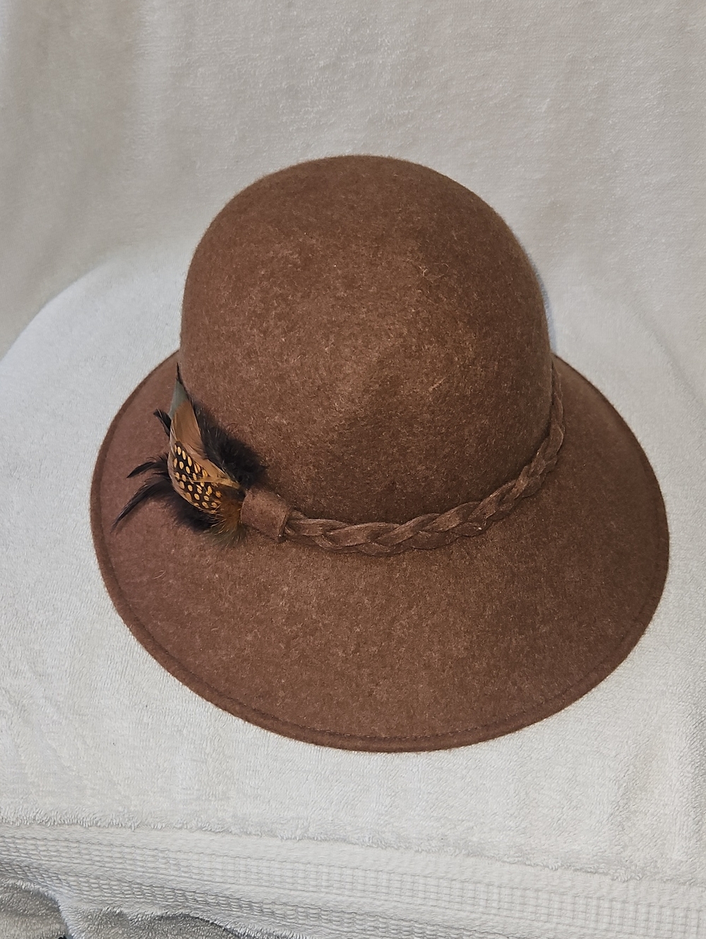 Betmar New York Brown Wool Felt Cloche with Braided Band and Feathertmar